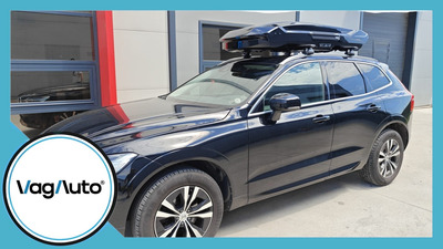 VOLVO XC60 - cu bare longitudinale lipite de plafon - montaj bare Thule EvoBlack + cutie Thule Motion 3 Low