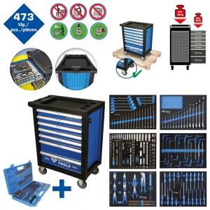Căruciorul profesional cu scule pentru atelier cu 7 sertare, echipat cu 473 piese BRILLIANT TOOLS