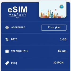 Roaming eSIM VagAuto 1GB date - eSIM de Mare Viteză disponibilă 5G, valabil 15 zile din momentul activari