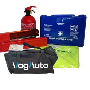 Kit auto complet siguranță: stingător 1Kg ABC, trusă medicală RAR, 2 triunghiuri reflectorizante, vestă și geantă depozitare