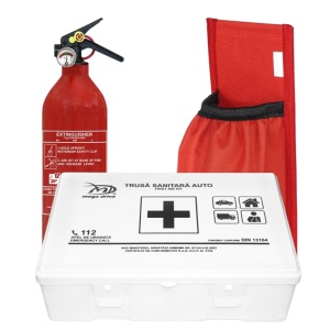 Kit siguranta auto complet: trusă medicală + stingător auto reîncărcabil 1kg cu manometru tip ABC + suport prindere portbagaj