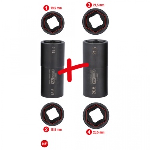 Set de capete de clichet de forță pentru jante din aluminiu speciale 1/2” pentru Ford, 18,5 / 19,5 / 20,5 / 21,5 mm, 2 piese - KS TOOLS- 515.0895