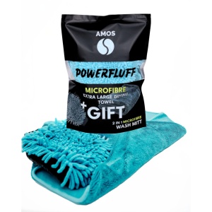 Prosop albastru microfibra ultra absorbant AMOS Powerfluff 1000 GSM 60*80cm + manusa CADOU