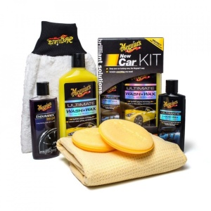 Pachet cosmetica auto Meguiar's, contine : sampon, ceara, solutie anvelope, laveta, manusa tip laveta, bureti aplicare, New Car Kit EU