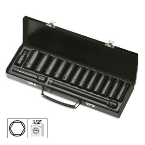 Set De 15 Piese De Impact Cu 12 Tubulare Lungi De 1/2 Inch Hexagonale + Adaptoare