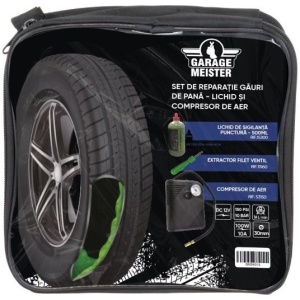 Kit reparație pană anvelope cu compresor, soluție etanșare și extractor ventil Garage Meister GM54013