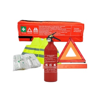 Kit trusa medicala in conformitate cu DIN 13164, vesta reflectorizanta EN ISO 20471:2013,triunghi reflectorizant Omologat Mega Drive, Stingator Reincarcabil 1Kg Cu Manometru Tip Abc + borseta