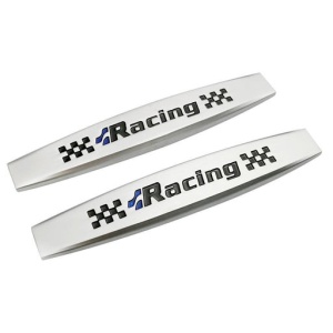 Set 2 x Embleme auto metalice, autoadezive, model "RACING", finisaj Crom, dimensiune, 10 x 1,5 cm