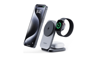 Incarcator AUKEY 3-in-1 pliabil cu incarcare wi-fi, QI 2.0, 30W, gri