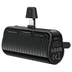 Baterie Externa VEGER PlugOn Pro-C, 5000mAh, Conector USB-C Integrat, Incarcare Rapida 20W PD, Ultra-Compacta, Negru