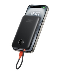 Baterie Externa VEGER, 10000mAh, Cabluri Integrate (USB-C & Lightning), Fast Charge, Design Slim, Negru