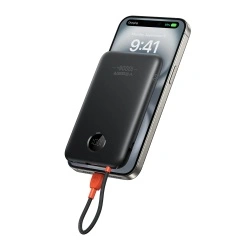 Baterie Externa VEGER, 10000mAh, Cabluri Integrate (USB-C & Lightning), Fast Charge, Design Slim, Negru