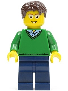 cty0191G Groene trui met V-hals, donkerbruin krullend haar, zwarte broek gebruikt *0M0000