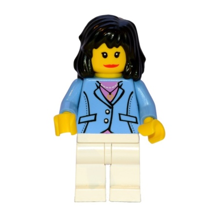 trn117G Middenblauwe jas, lang zwart haar, witte broek gebruikt *0M0000