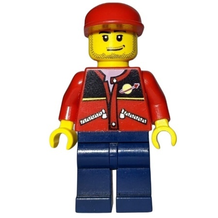 cty0142a Man met rode cap, ongeschoren gezicht, rood/zwarte jas met rits en classic space logo, donkerblauwe broek NIEUW *0M0000