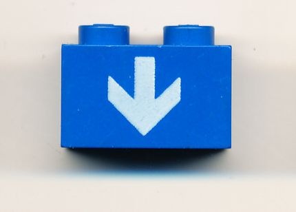 3004p20-7G Steen 1x2 opdruk witte pijl naar beneden blauw gebruikt *5V02-10