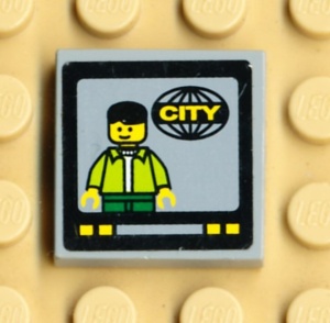 3068bpb0187-86G Tegel 2x2 TV-scherm met man en 'CITY' (Sticker) grijs, licht (blauwachtig) gebruikt *5T05-19