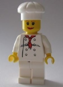 chef020G Chef -Vrouw rode lippen witte koksmuts wit pak met rode das witte benen gebruikt *0M0000