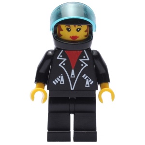 tel003G Leren jas met ritssluiting, zwarte benen en helm gebruikt *0M0000
