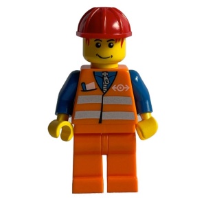 trn130G Oranje vest met veiligheidsstrepen- oranje benen, rode constructiehelm gebruikt *0M0000