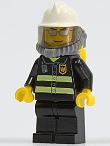 cty0018G Brandweerman- Witte brandweerhelm met zuurstofmasker, zilveren zonnebril, zwart pak met reflectiestrepen, zwarte broek, gele handen gebruikt *0M0000