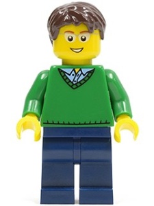 cty0191G Groene trui met V-hals, donkerbruin krullend haar, zwarte broek gebruikt *0M0000