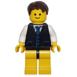 twn104G Man, zwart vest met blauw gestreepte das, kort zwart haar gebruikt *0M0000