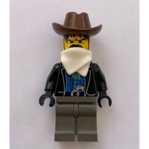 ww011G Wild West- Bandiet 4- Zwart pak, donkergrijze benen, bruine hoed, witte zakdoek, boos gezicht met snor gebruikt *0M0000