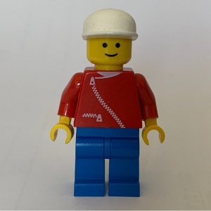 zip014G Jas met ritssluiting - rood, witte pet en blauwe benen gebruikt *0M0000