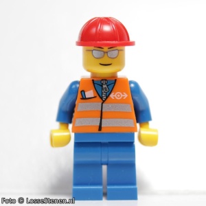 trn225G Oranje vest met veiligheidsstrepen, blauwe benen, zoilveren zonnebril gebruikt *0M0000