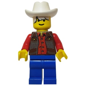 ww012G Wild West- Cowboy rode Shirt, blauwe broek, witte pluk haar, witte cowboyhoed gebruikt *0M0000