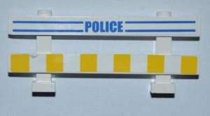 6079pb03-1G Hek met horizontale planken 1x8x2 POLICE blauwe letters en geel/witte strepen wit gebruikt *5S050