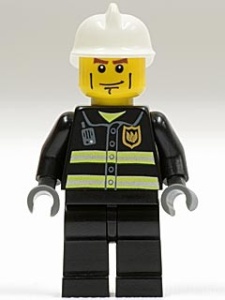 cty0020G Brandweerman- Witte brandweerhelm, strepen op wang, zwart pak met reflectiestrepen, zwarte broek, donkerblauwgrijze handen gebruikt *0M0000
