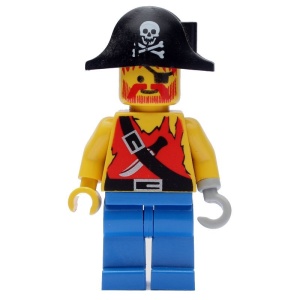 pi075G Piraat Shirt met mes, zwarte piratenhoed met skelet, blauwe benen gebruikt *0M0000