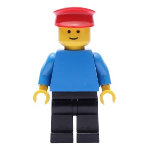 pln009G Blauw lijf, blauwe armen, zwarte benen, rode platte pet gebruikt *0M0000