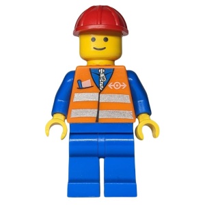 trn121 Bouwvakker, rode veiligheidshelm, standaard hoofd, oranje vest met veiligheidsstrepen, blauwe armen, trein logo, blauwew benen NIEUW *0M0000