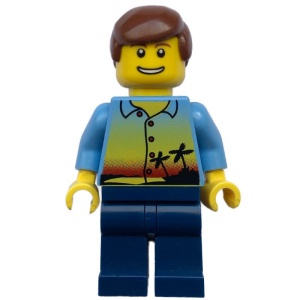 twn109G Shirt met zonsondergang en palmboom, donkerblauwe benen, roodbruin haar gebruikt *0M0000