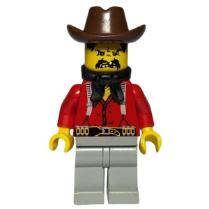 ww008G Wild West- Bandiet 2- Rood pak, lichtgrijze broek, bruine cowboyhoed, zwarte zakdoek, boos gezicht met snor gebruikt *0M0000