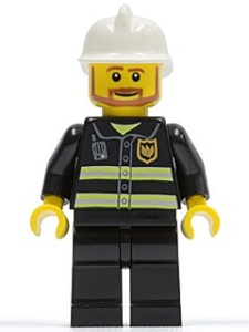 cty0022G Brandweerman- Witte brandweerhelm, zwart pak met reflectiestrepen, zwarte broek, gebruikt *0M0000