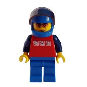 cty0196G Man met rood shirt met 3 zilveren logos, blauwe helm en zonnebril gebruikt *0M0000