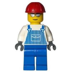 ovr030G Rode valhelm, zilveren zonnebril, gestreepte blauwe overall en blauwe broek gebruikt *0M0000