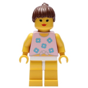 par054G Vrouw, shirt met blauwe bloemen, gele benen en bruin haar gebruikt *0M0000
