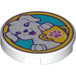 14769pb179-1 Tegel 2x2 rond met nopgat achterkant Puppy met gele troffee en pootprint wit NIEUW *0L0T1