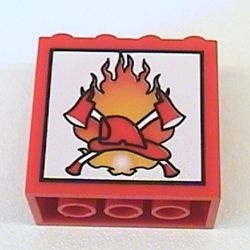 30144pb019-5G Steen 2x4x3 met vuur, helm en bijlen op witte achtergrond rood gebruikt *5V000