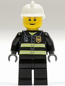 cty0023G Brandweerman- Witte brandweerhelm, bruine baard, zwart pak met reflectiestrepen, zwarte broek, gele handen gebruikt *0M0000