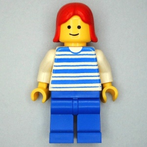 hor010G Torso met horizontale blauwe strepen, witte armen, blauwe benen, rood haar gebruikt *0M0000