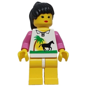 par002G Vrouw, torso met palmboom en paard, gele benen, zwart haar gebruikt *0M0000