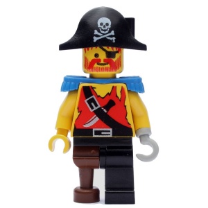 pi023G Piraat Shirt met Knife, zwarte Piraat Hat met Skull, zwarte Leg and Peg Leg gebruikt *0M0000