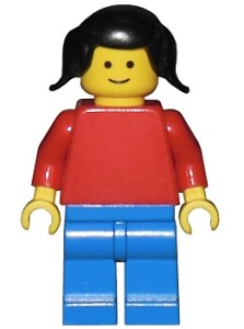 pln058G Effen rode Torso met rode armen, blauw benen, Black Pigtails Hair gebruikt *0M0000