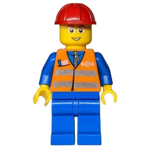 trn226G Spoorwegwerker, oranje vest met veiligheidsstrepen, rode helm, blauwe benen gebruikt *0M0000